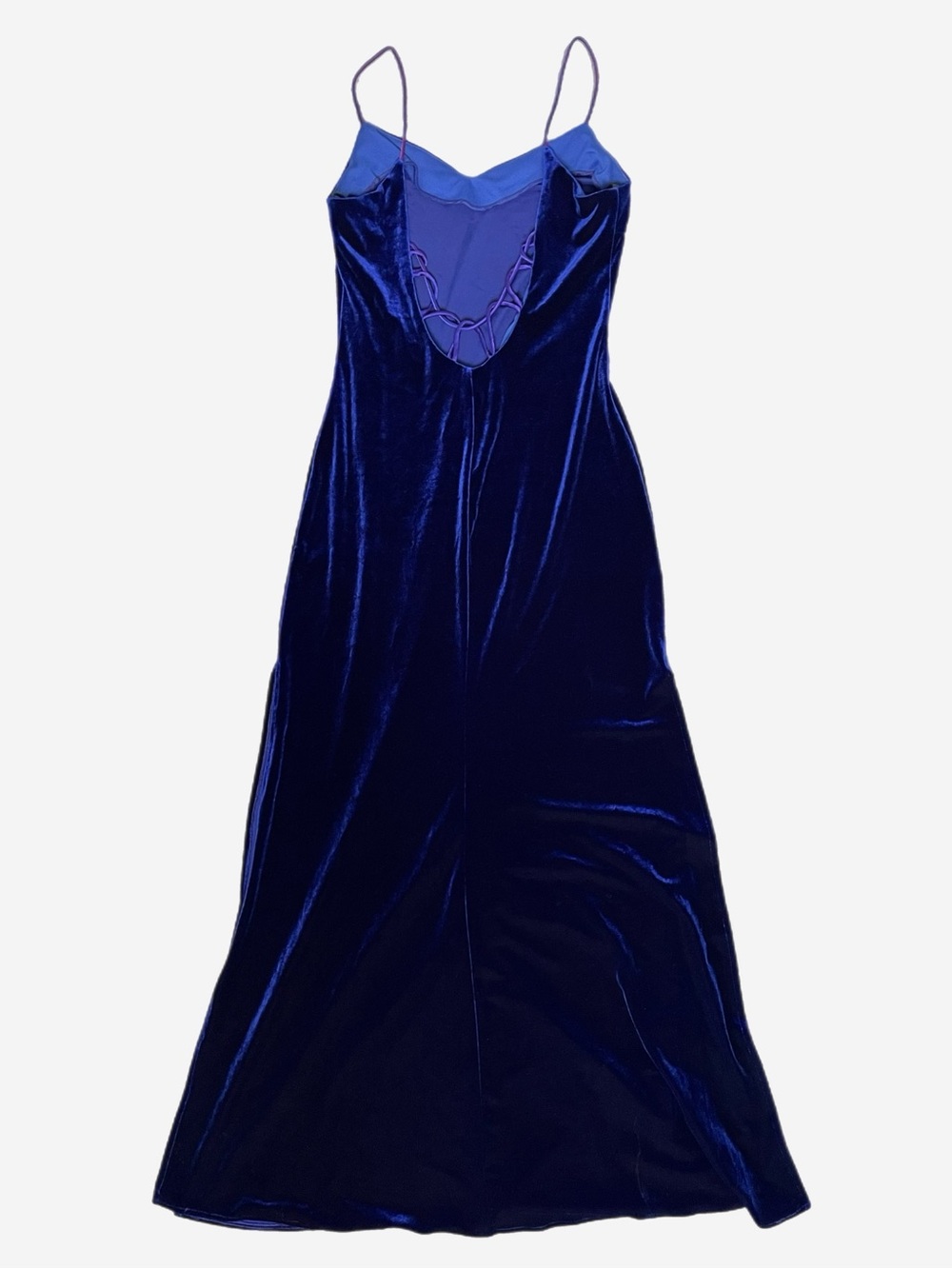 Vintage Y2K Niki Livas Blue velvet cross strap open back maxi gown holiday M/L - Picture 13 of 13